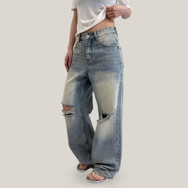 Joyciful-Mid Rise Washed Distressed Wide Leg Jeans