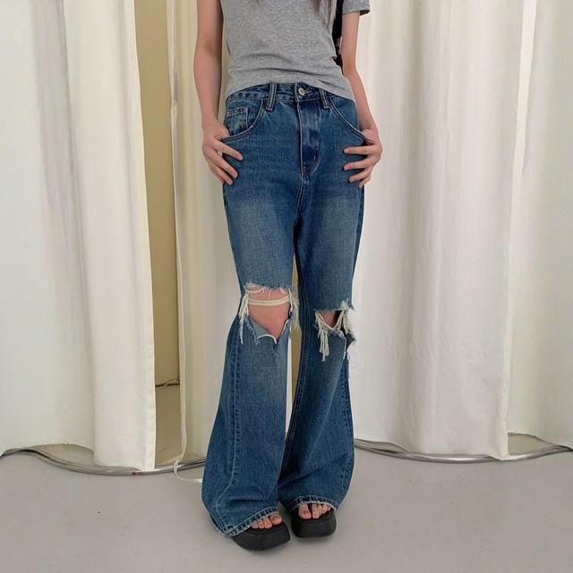 Joyciful-Mid Rise Washed Distressed Wide Leg Jeans