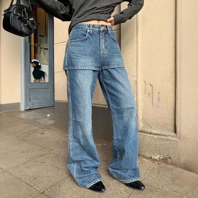 Joyciful-Mid Rise Washed Skirt Overlay Flared Jeans