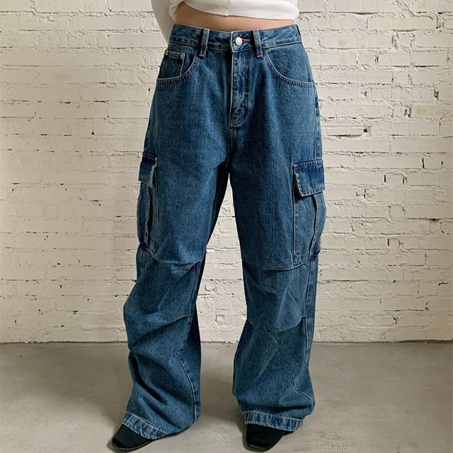 Joyciful-Mid Rise Washed Wide Leg Cargo Jeans