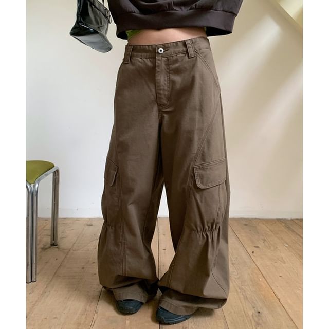 Joyciful-Mid Waist Plain Wide Leg Cargo Jeans