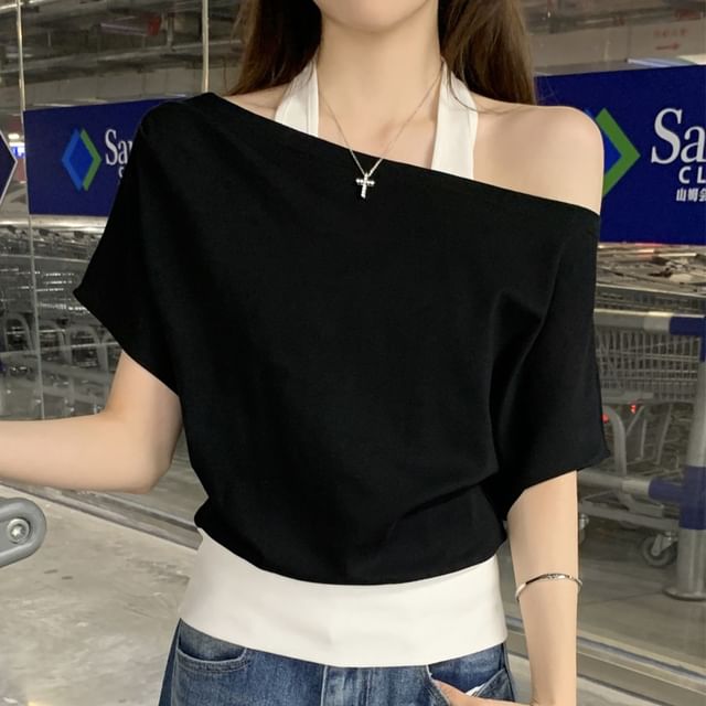 Joyciful-T-shirt bicolore à manches courtes et épaules dénudées col halter effet deux pièces