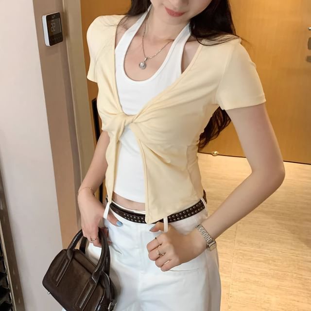 Joyciful-Mock Two-Piece Short-Sleeve Halter Neck Two Tone Twisted Slit Crop Top