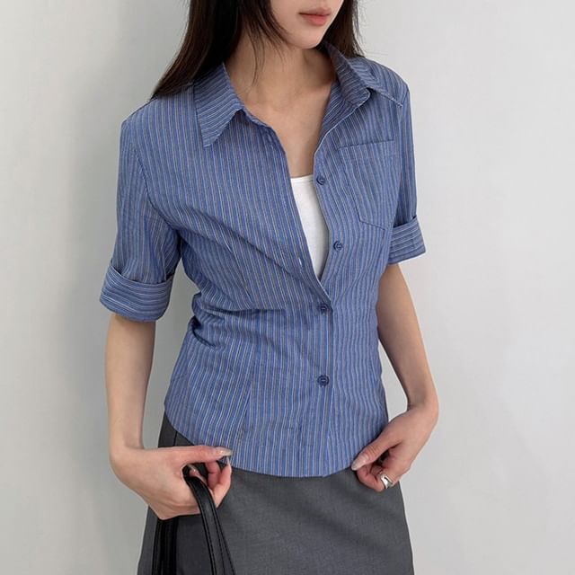 Joyciful-Short-Sleeve Collared Striped Button Up Shirt