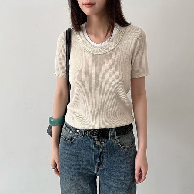Joyciful-Short-Sleeve Round Neck Contrast Trim Knit Top