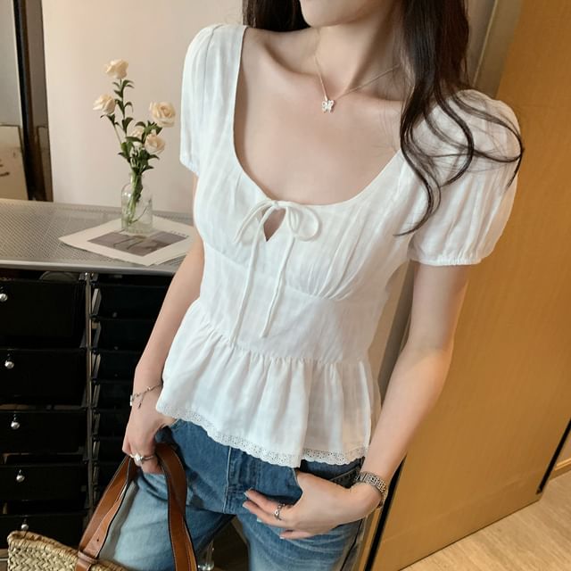 Joyciful-Short-Sleeve Scoop Neck Plain Bow Ruffle Trim Top