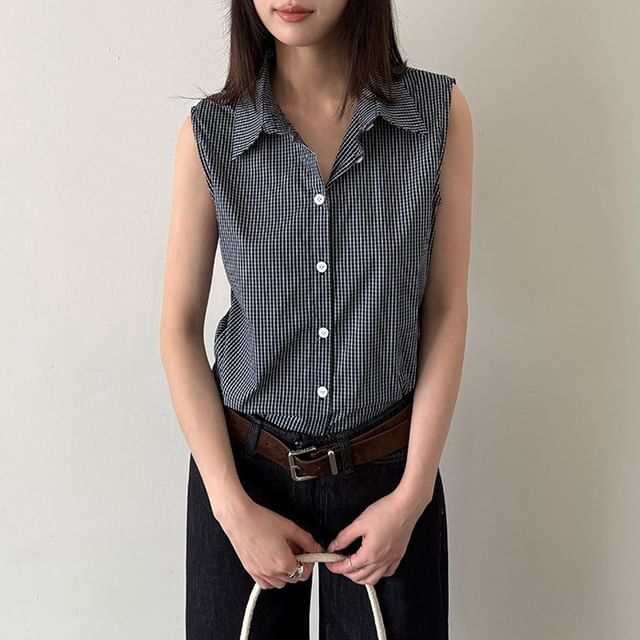 Joyciful-Sleeveless Collared Plaid Button Up Shirt