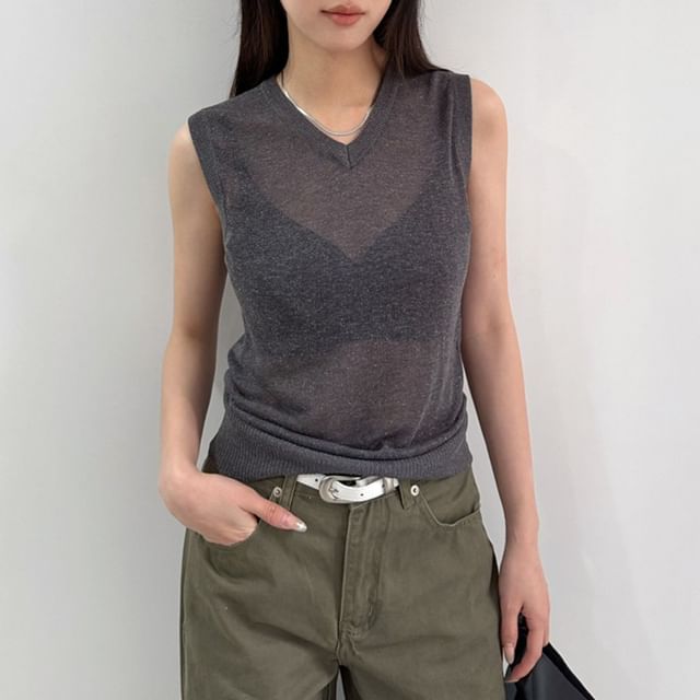 Joyciful-Sleeveless V-Neck Plain Knit Top
