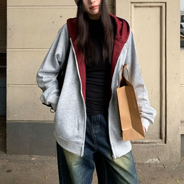 Joyciful-Two Tone Zip-Up Hoodie