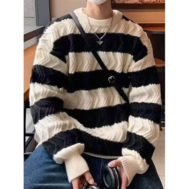 Jozev-Crewneck Cable Knit Awning Stripe Sweater