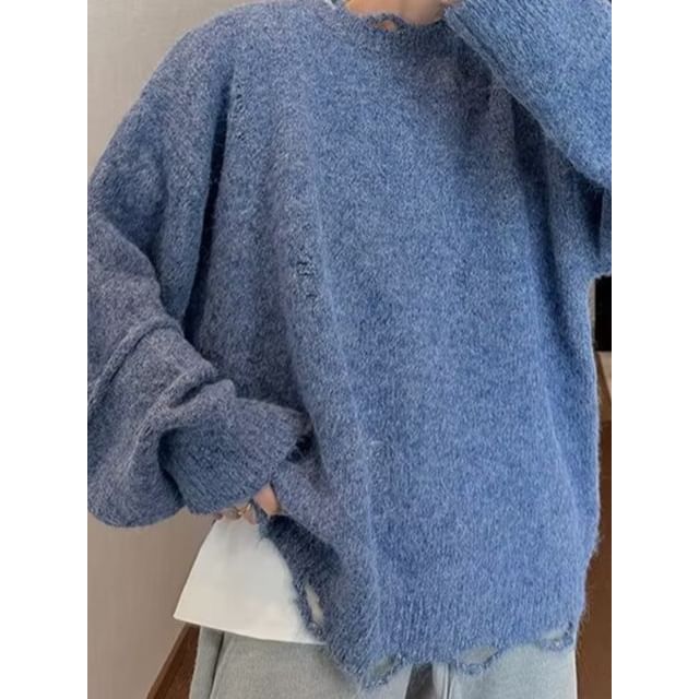 Jozev-Crewneck Distressed Plain Sweater