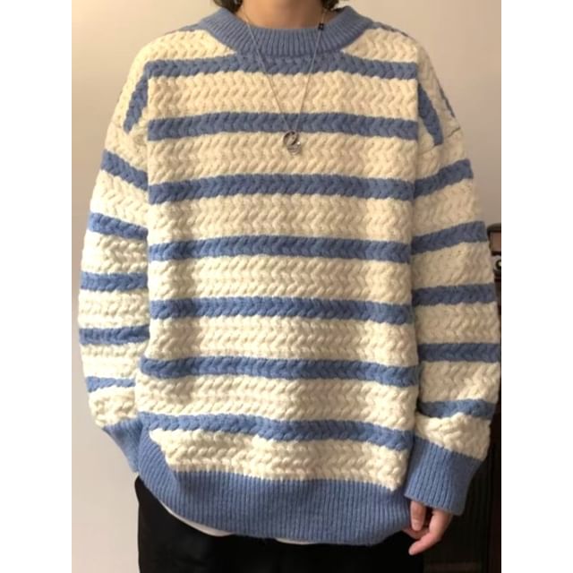 Jozev-Crewneck Striped Cable Knit Sweater
