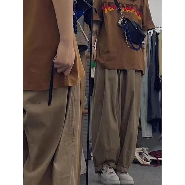 Jozev-Drawstring Waist Plain Loose Fit Pants
