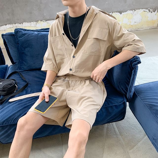 Jozev-Elbow-Sleeve Button-Up Plain Cargo Romper
