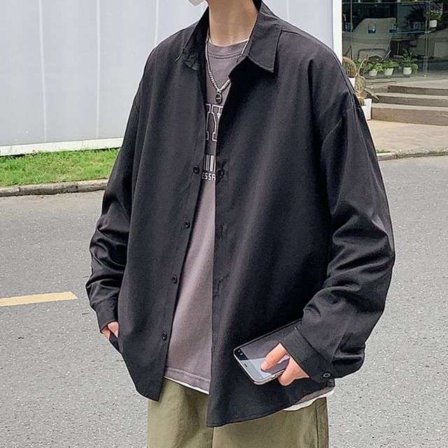 Jozev-Long-Sleeve Button-Up Plain Shirt