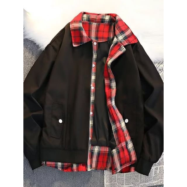 Jozev-Mock Two-Piece Collar Plaid Panel Zip Jacket