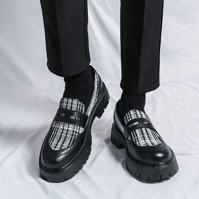 Jozev-Plaid Panel Faux Leather Loafers