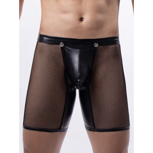 Jozev-Plain Mesh Panel Faux Leather Boxer Briefs
