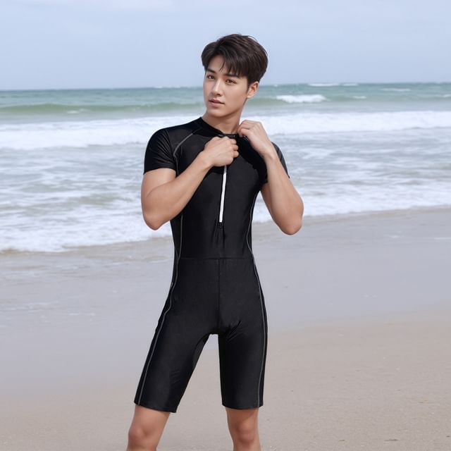 Jozev-Short-Sleeve Half Zip Plain Swimsuit