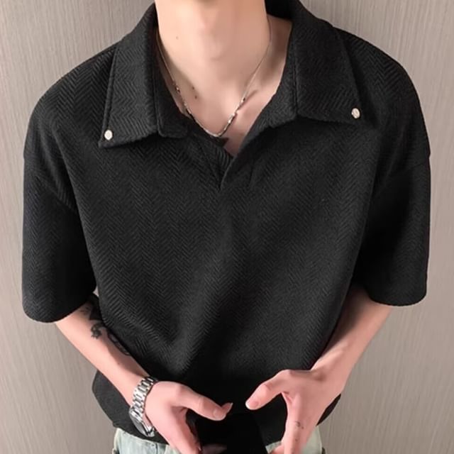 Jozev-Short-Sleeve Studded Plain Polo Top
