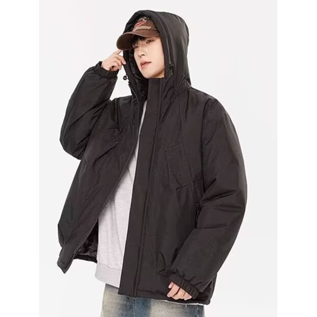 Jozev-Stand Collar Plain Hooded Padded Zip Jacket