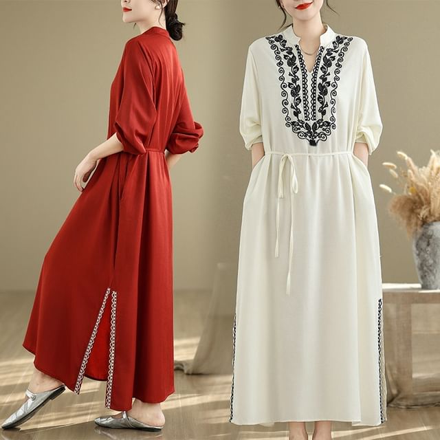 Juanita Long-Sleeve Stand Collar Embroidered Slit Maxi Tunic