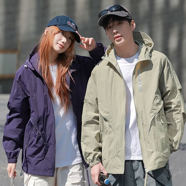 JUN-LEE-Couple Matching Hooded Plain Zip-Up Jacket
