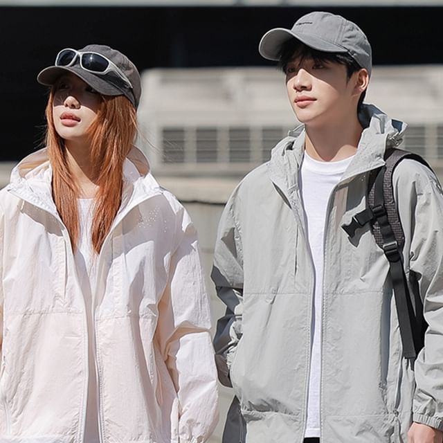 JUN-LEE-Couple Matching Hooded Plain Zip-Up Jacket