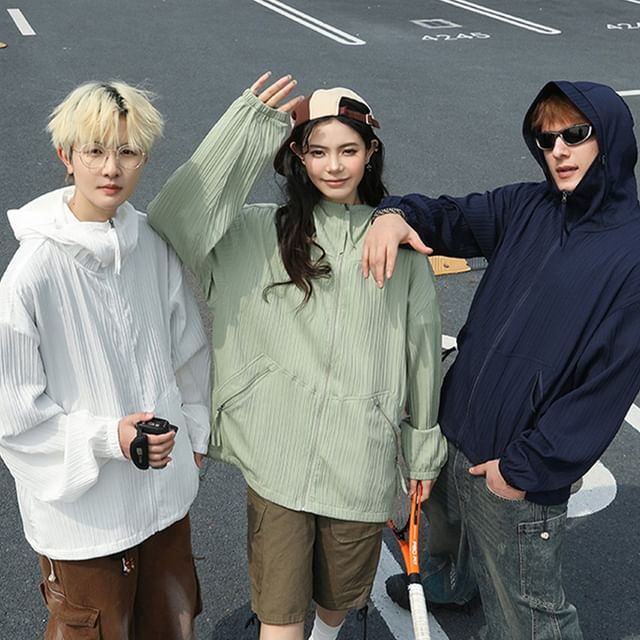 JUN-LEE-Couple Matching Hooded Ribbed Plain Zip-Up Jacket