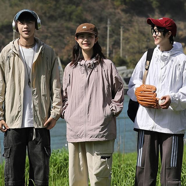 JUN-LEE-Couple Matching Hooded Zip-Up Plain Jacket