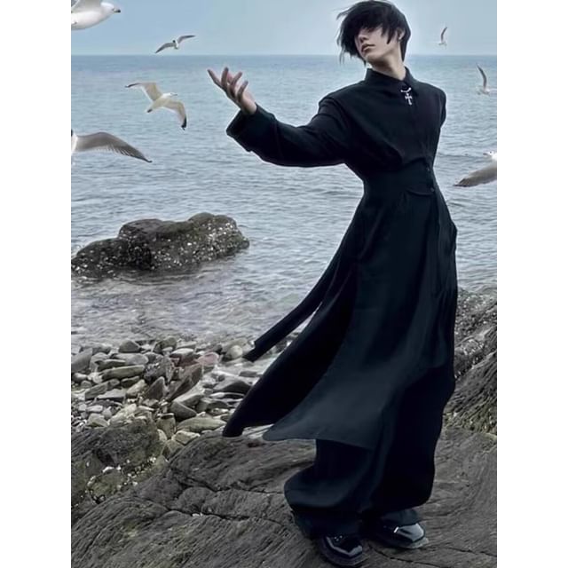 JUN-LEE-Long Sleeve Collared Plain Button-Down Shirt