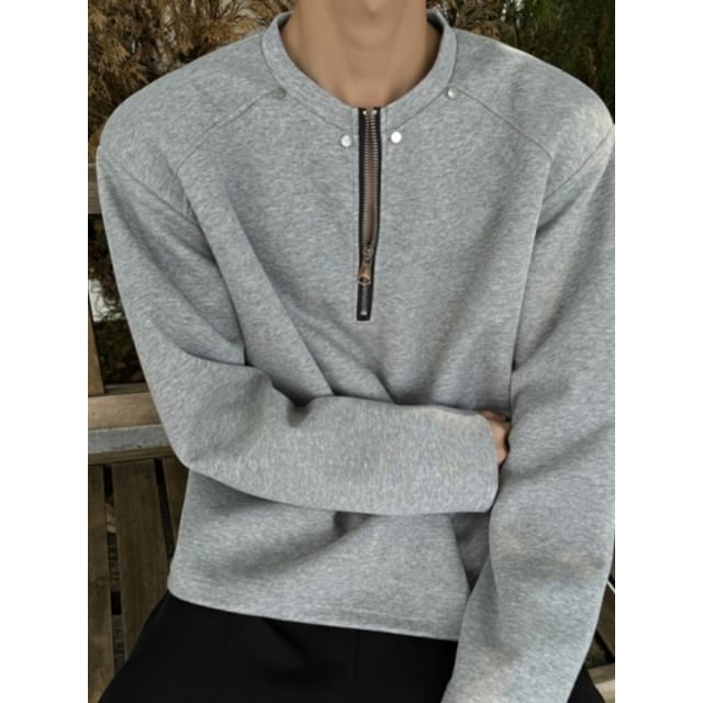 JUN-LEE-Long Sleeve Round Neck Half Zip T-Shirt