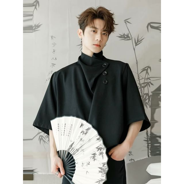 JUN-LEE-Short Sleeve Collar Buttoned Plain Shirt