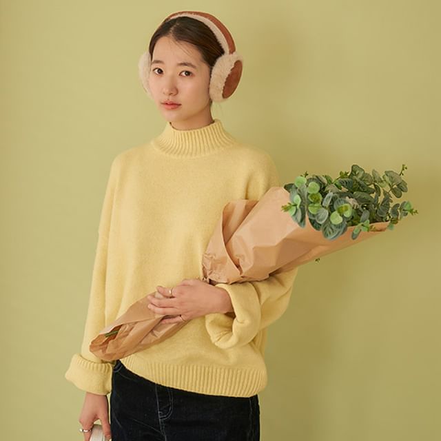 JUSTONE-Mock-Neck Rib-Trim Sweater