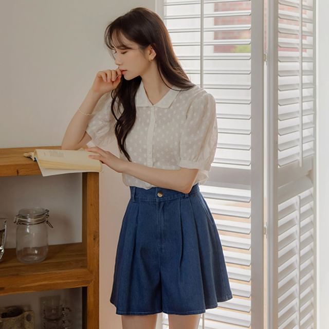 JUSTONE-Pleated A-Line Denim Shorts