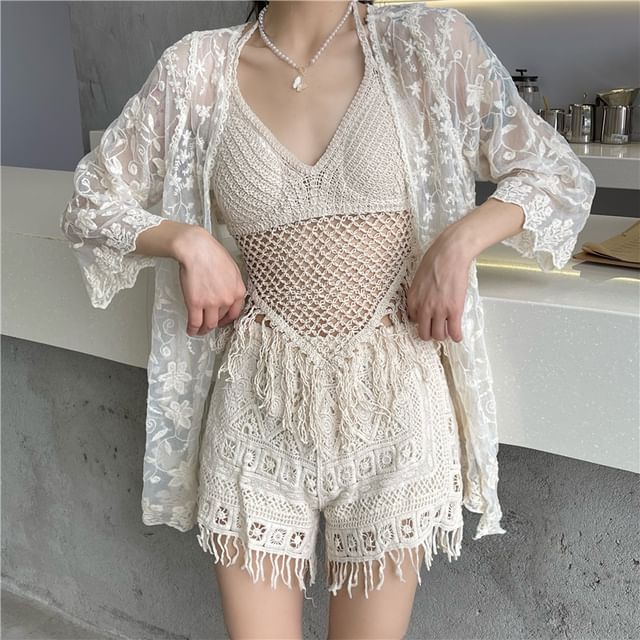 Juuri-34-Sleeve Lace Open Front Jacket Cami Top Shorts