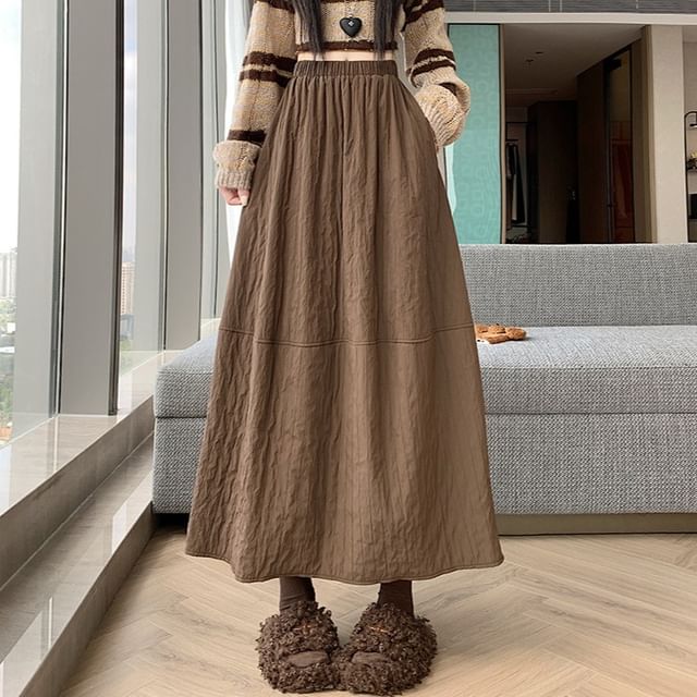 Juuri-Elastic Waist Plain Panel Maxi A-Line Skirt