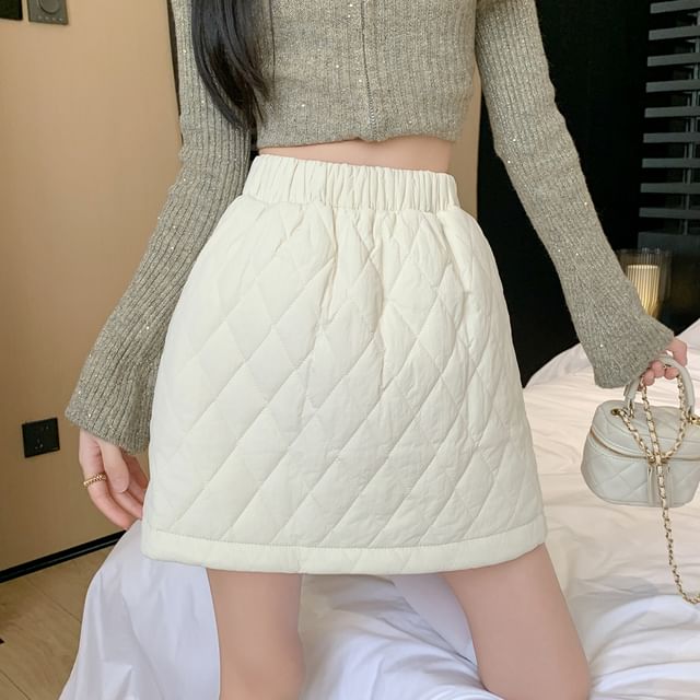 Juuri-Elastic Waist Plain Quilted Mini A-Line Skirt