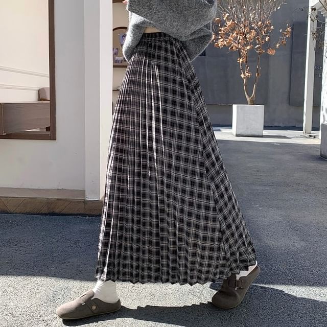 Juuri-High Rise Plaid Maxi A-Line Pleated Skirt
