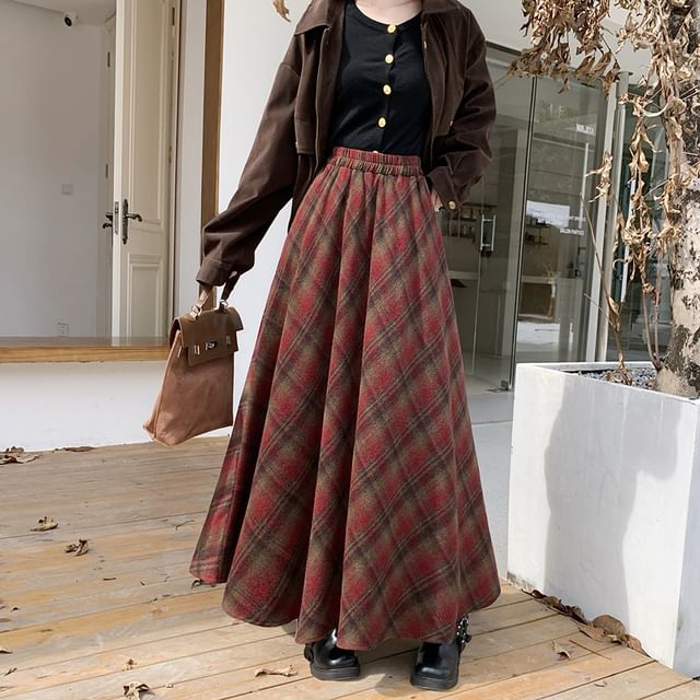 Juuri-High Rise Plaid Maxi A-Line Skirt