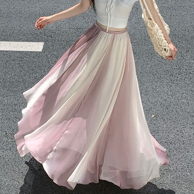 Juuri-High Waist Gradient Mesh Maxi A-Line Skirt