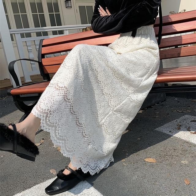 Juuri-High Waist Plain Lace Maxi A-Line Skirt