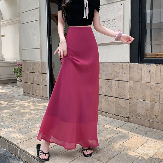 Juuri-High Waist Plain Sheer Maxi Fishtail Skirt