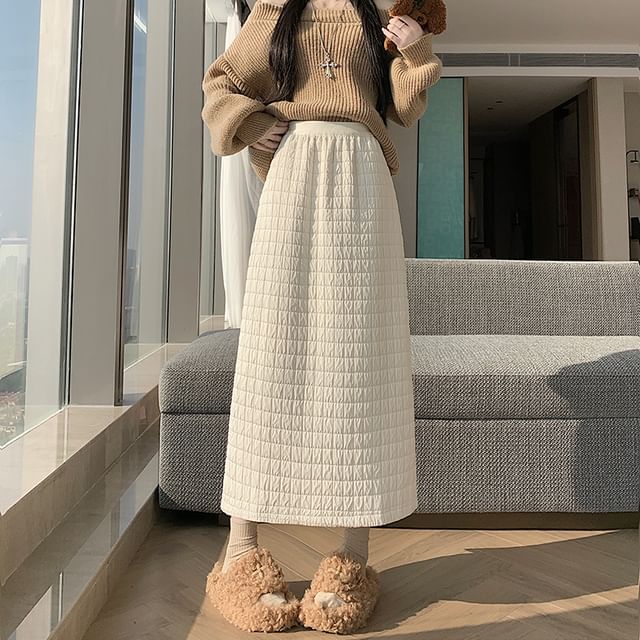 Juuri-High Waist Quilted Plain Maxi Skirt