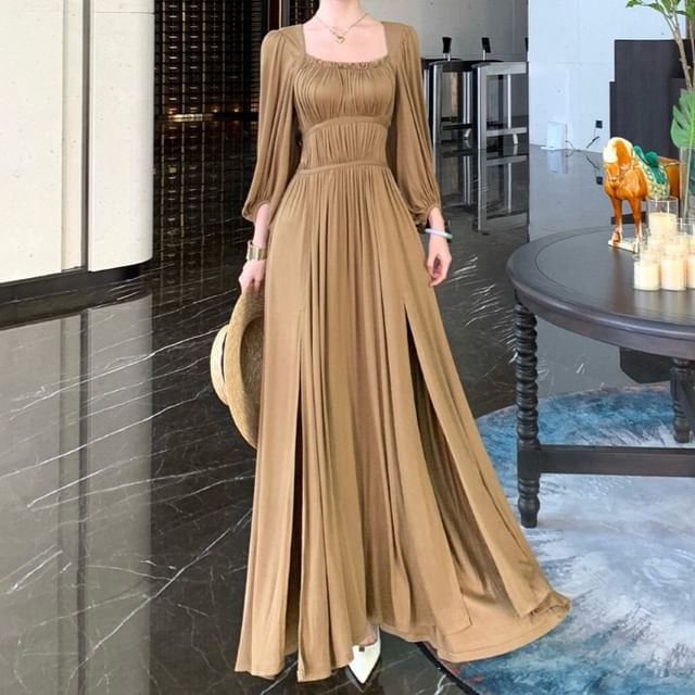 Juuri-Long-Sleeve Square Neck Plain Maxi A-Line Dress