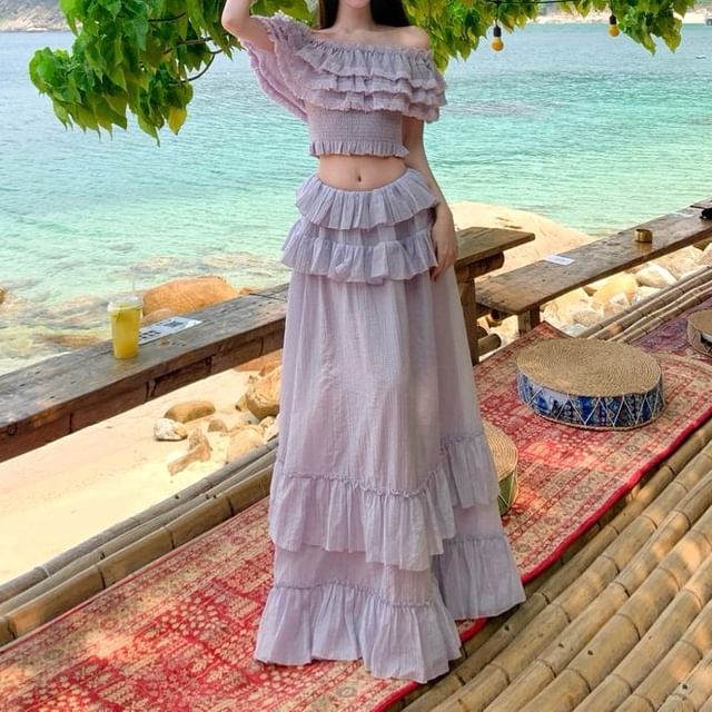Juuri-Set Short-Sleeve Off-Shoulder Plain Ruffle Cropped Blouse Low Rise Maxi A-Line Skirt