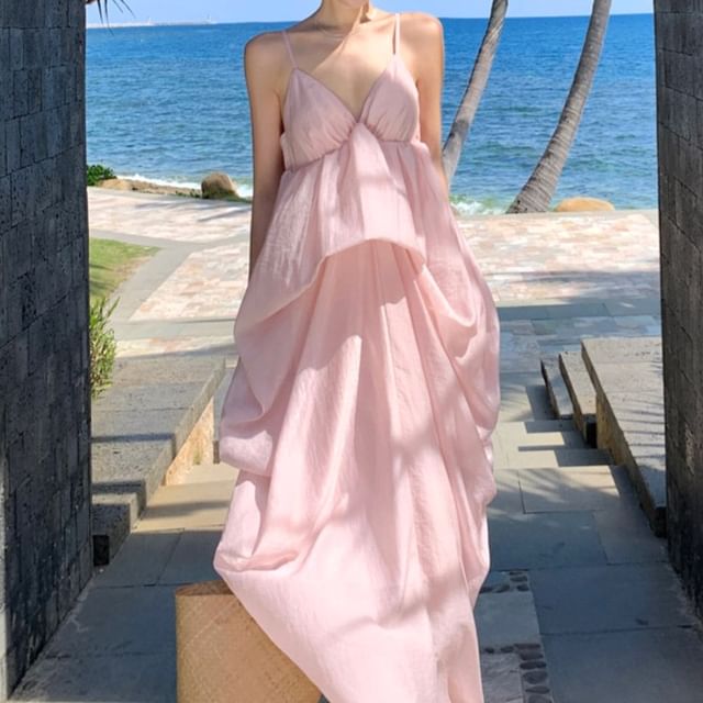 Juuri-Spaghetti Strap V-Neck Plain Maxi Sundress
