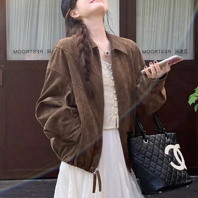 JVL-Collared Plain Faux Suede Zip Jacket