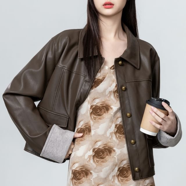 JVL-Collared Striped Panel Button-Up Faux Leather Jacket