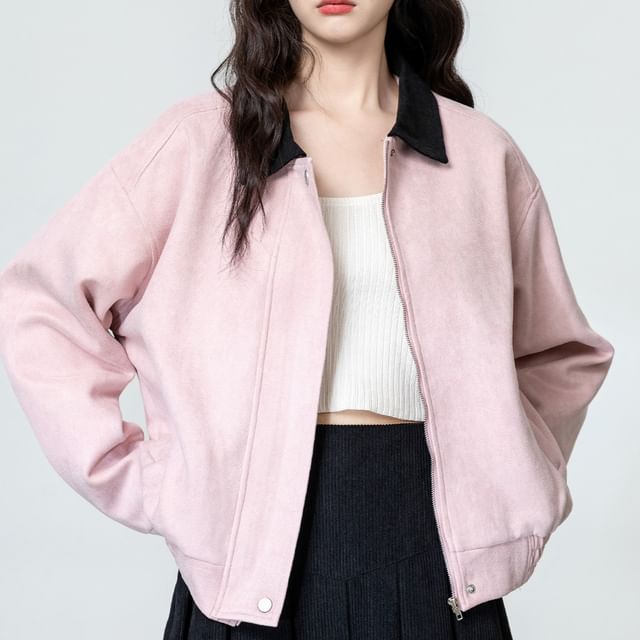 JVL-Contrast Collar Zip-Up Faux Suede Jacket